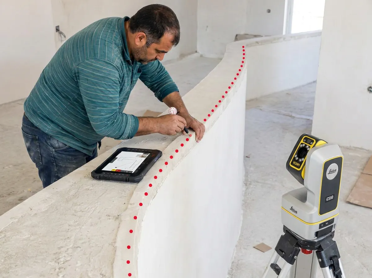 The same curved wall measured with a vPen, red points along its top edge, the iCS50 on a tripod