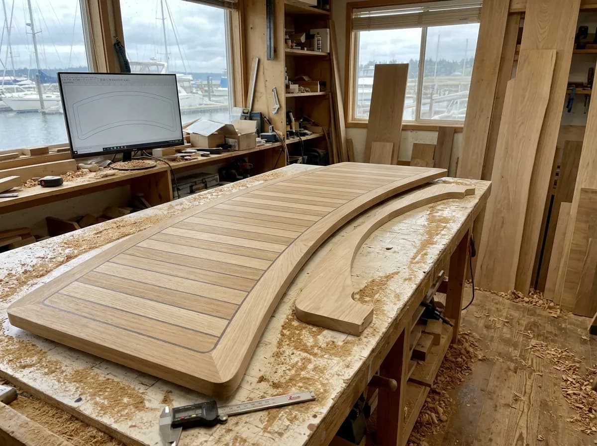 A curved, CNC-cut timber panel for a yacht saloon on a workshop bench, its drawing on a monitor