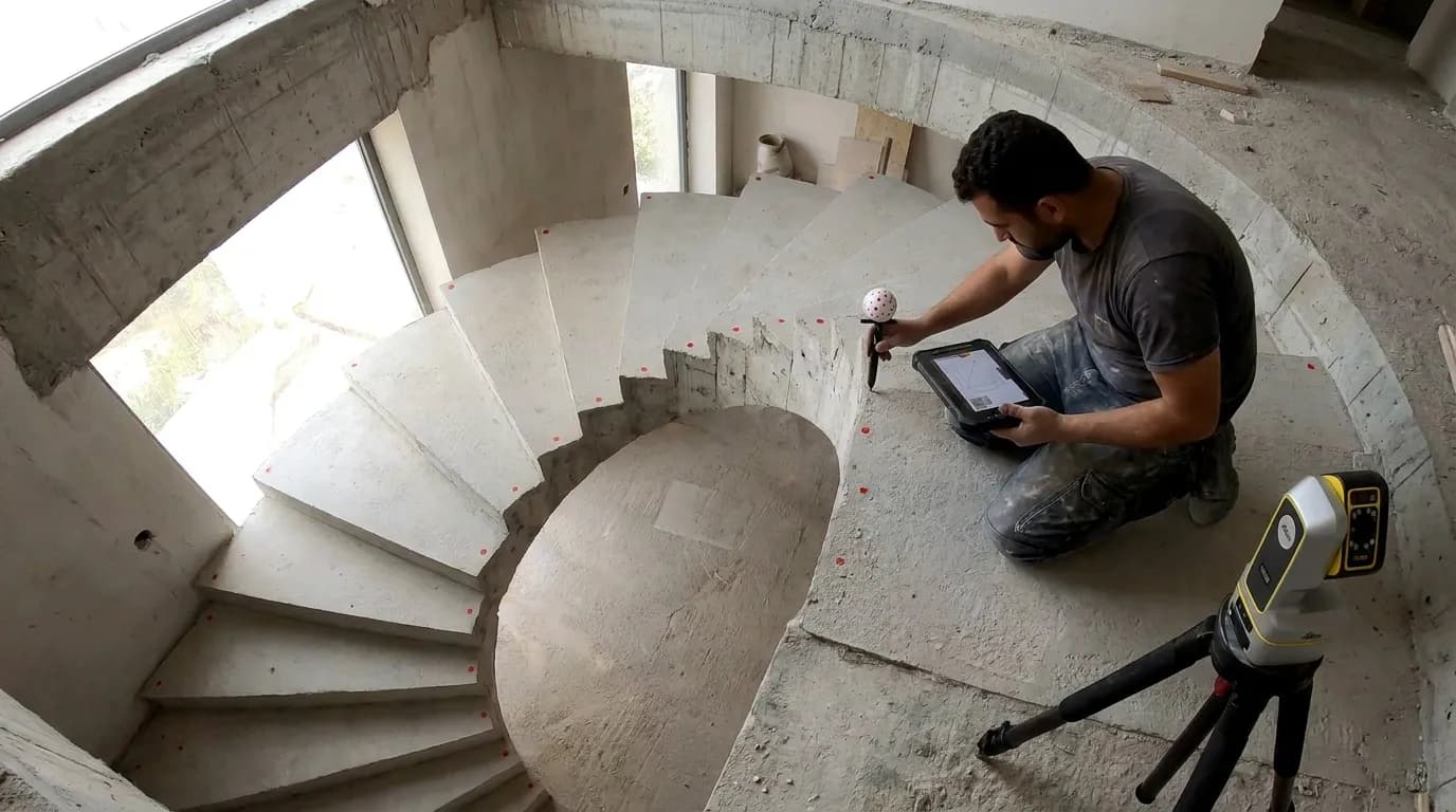 The same cement staircase clean, ready for tiles: one operator presses the vPen nib on a tread edge, the iCS50 on a tripod and small red measured points along the edges