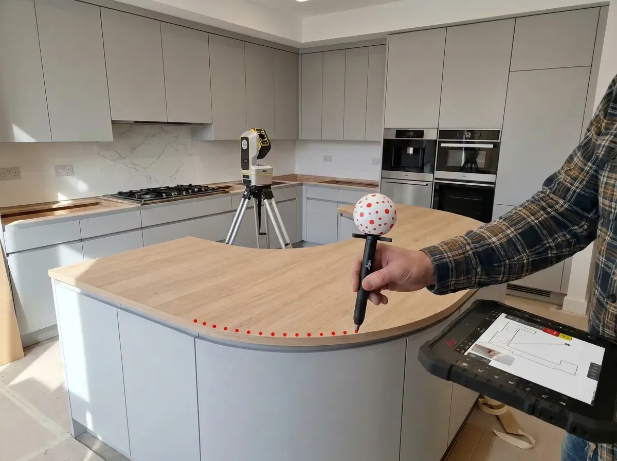 The vPen touching the edge of a curved kitchen island, red measured points along it