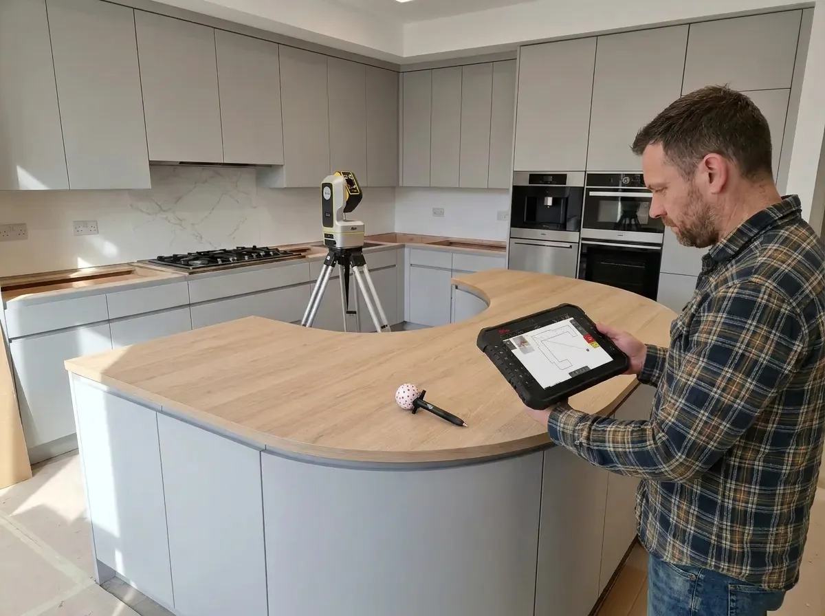 The technician checking the drawn outline on the tablet against the island
